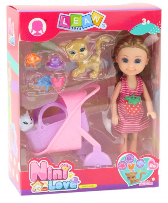 Păpușă mini cu accesorii – set păpușă roz cu cărucior pisicuță [4]