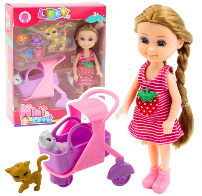 Păpușă mini cu accesorii – set păpușă roz cu cărucior pisicuță [1]