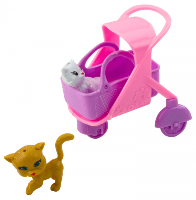 Păpușă mini cu accesorii – set păpușă roz cu cărucior pisicuță [3]