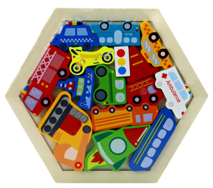 Puzzle din Lemn cu Vehicule și Rachetă – 15 Piese Colorate [1]
