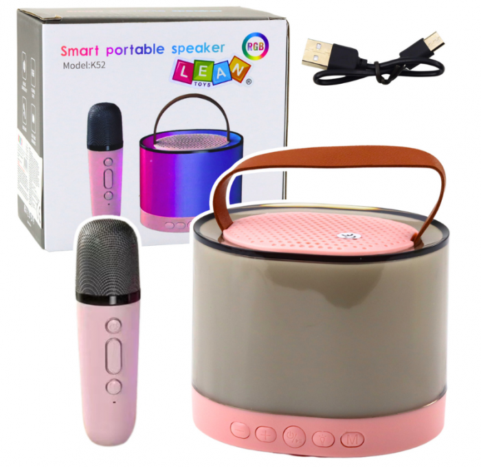 Set Karaoke cu Boxă și Microfon Wireless K52 RGB Bluetooth Roz [1]