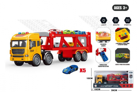 Masini si motociclete - TIR cu Platformă – Transportor de Mașinuțe – Set cu 6 Vehicule