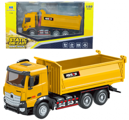 Masini si motociclete - Camion basculant metalic Huina galben, scară 1:50
