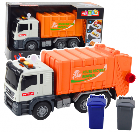 Masini si motociclete - Camion de Gunoi cu Coșuri, Lumini și Sunete, Portocaliu 1:14