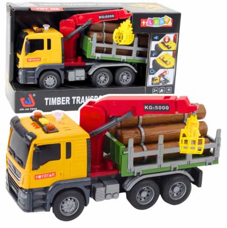 Masini si motociclete - Camion Forestier cu Macara pentru Lemne, Lumini și Sunete, Galben, Scară 1:14