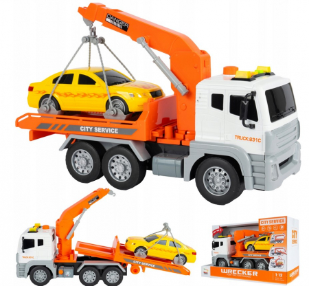 Masini si motociclete - Camion Platformă cu Macara și Mașină – Sunet și Lumină