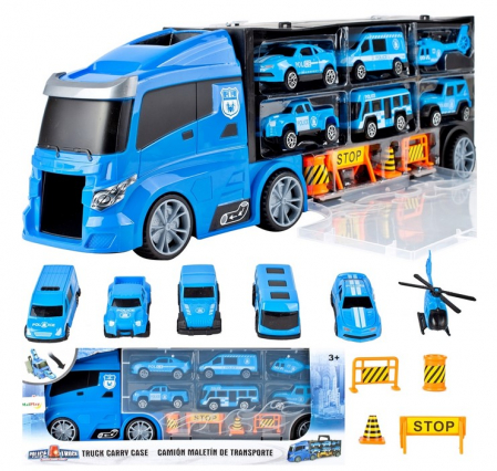 Jucarii - Camion Platformă de Poliție cu Mașinuțe și Elicopter – Set 10 piese