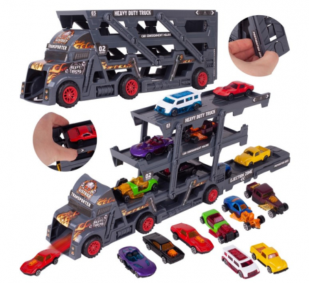 Jucarii - Camion Transportor cu Platformă și 8 Mașinuțe Metalice
