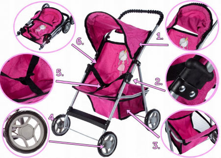 Cărucior cu 4 roți „Little Princess Rose” – Cu Copertină Mobilă, Coș și Centuri [4]
