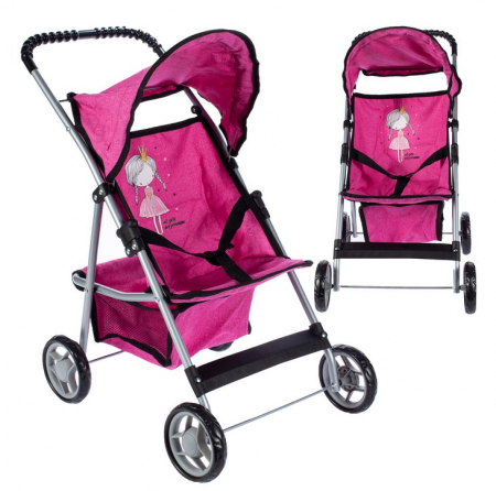 Papusi si accesorii fetite - Cărucior cu 4 roți „Little Princess Rose” – Cu Copertină Mobilă, Coș și Centuri