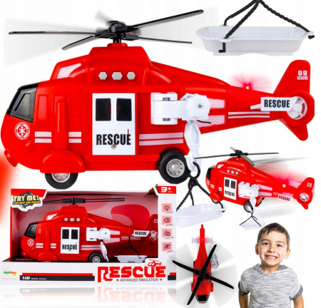 Avioane, Elicoptere, Tancuri - Elicopter de Pompieri 1:16 cu Lumini, Sunete și Proiector