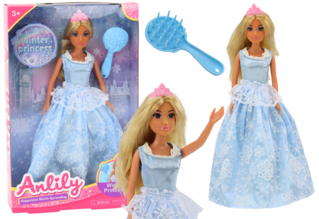 Papusi si accesorii fetite - Păpușa Anlily Regină a Gheții, Rochie Albastră, Perie Fulgi de Nea