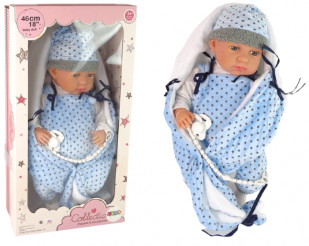 Papusi si accesorii fetite - Păpușă Bebeluș 46 cm – Suzeta Albastră și Păturică cu Stea
