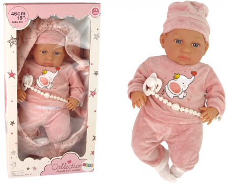 Papusi si accesorii fetite - Păpușă Bebeluș 46 cm – Suzeta Roz și Elefănțel