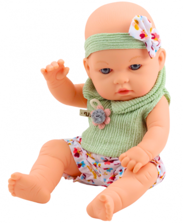 Păpușă bebeluș cu rochiță verde cu flori și bentiță cu fundiță [2]