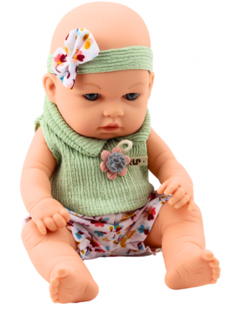Păpușă bebeluș cu rochiță verde cu flori și bentiță cu fundiță [1]