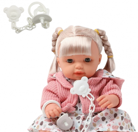 Păpușă bebeluș fetiță în rochie și pulover cu suzetă și sunete [1]