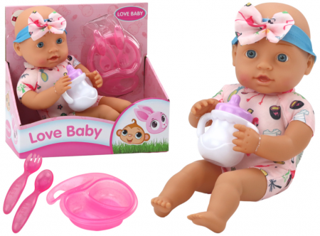 Papusi si accesorii fetite - Păpușă bebeluș, haine cu flamingo, bentiță, accesorii pentru hrănire