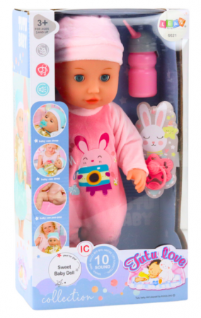 Păpușă bebeluș în pijamale roz, care urinează, cu biberon, suzetă și sunete [4]