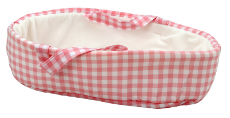 Păpușă bebeluș în port-bebe, îmbrăcată într-un costum roz în carouri [3]