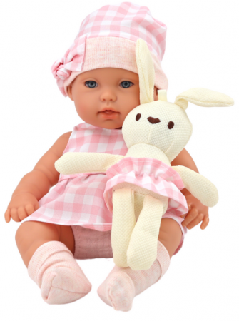 Păpușă bebeluș în port-bebe, îmbrăcată într-un costum roz în carouri [1]