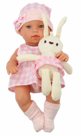 Păpușă bebeluș în port-bebe, îmbrăcată într-un costum roz în carouri [2]