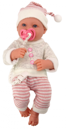 Păpușă bebeluș, pulover, căciulă în dungi, suzetă roz [1]