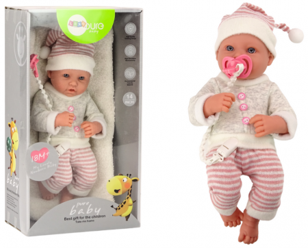 Papusi si accesorii fetite - Păpușă bebeluș, pulover, căciulă în dungi, suzetă roz