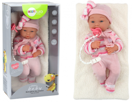 Papusi si accesorii fetite - Păpușă bebeluș, pulover în dungi, căciulă, fular, accesorii, roz