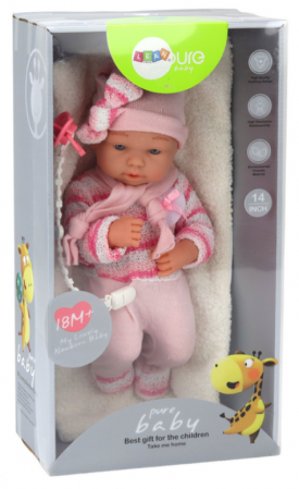 Păpușă bebeluș, pulover în dungi, căciulă, fular, accesorii, roz [3]