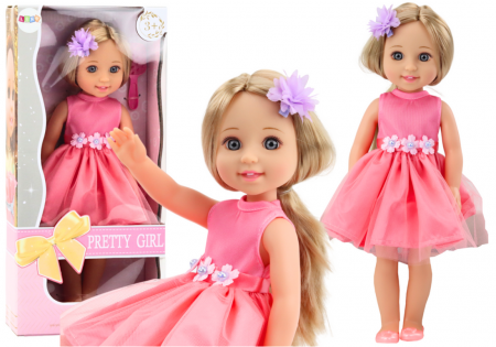 Papusi si accesorii fetite - Păpușă cu păr lung, rochie roz, agrafă de păr și perie, 38 cm