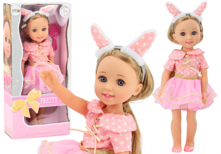 Papusi si accesorii fetite - Păpușă cu Rochie Roz, Păr Lung, Bentita și Perie – 38 cm