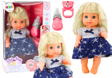 Papusi si accesorii fetite - Păpușă în rochie bleumarin, care urinează, cu biberon, zornăitoare și sunete