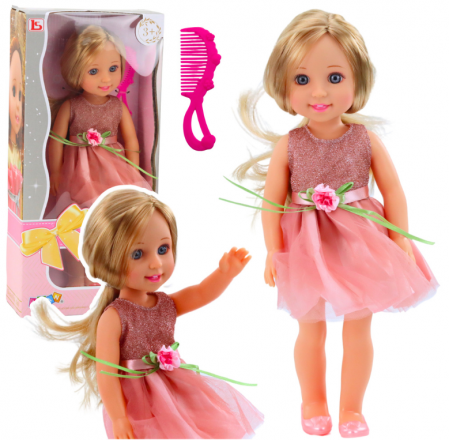 Papusi si accesorii fetite - Păpușă în rochie cu fundă, păr lung, roz, cu pieptene, 38 cm