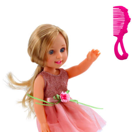 Păpușă în rochie cu fundă, păr lung, roz, cu pieptene, 38 cm [2]