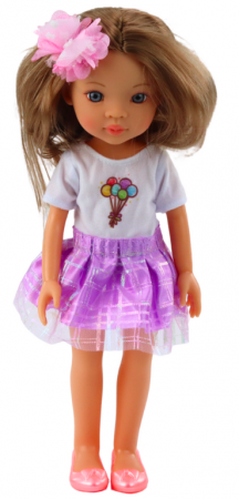 Păpușă în rochie mov, păr lung castaniu, agrafă cu floare [1]