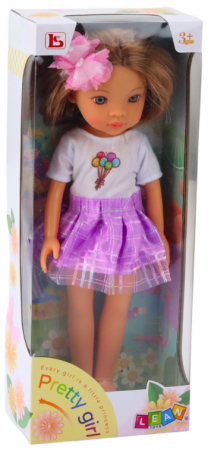 Păpușă în rochie mov, păr lung castaniu, agrafă cu floare [2]