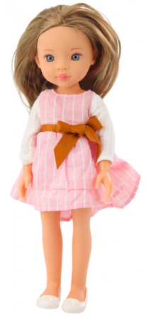 Păpușă în rochie roz cu fundă, păr lung și castaniu [1]