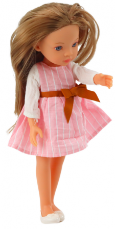 Păpușă în rochie roz cu fundă, păr lung și castaniu [2]