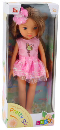 Păpușă în rochie roz, păr lung castaniu, agrafă cu floare [2]