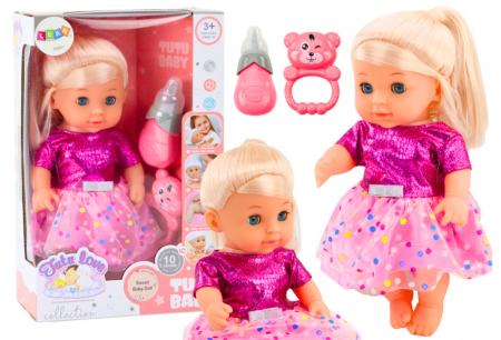 Papusi si accesorii fetite - Păpușă în rochiță roz care face pipi, sunete de sticluță și zornăitoare