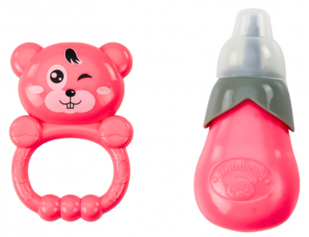 **Păpușă în rochiță roz deschis care face pipi, cu biberon, sunete și zornăitoare** [3]