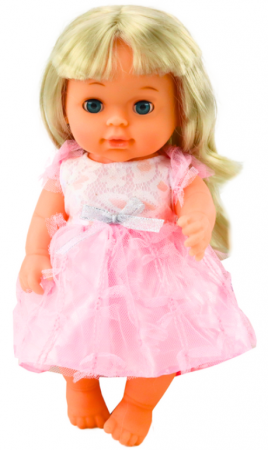 **Păpușă în rochiță roz deschis care face pipi, cu biberon, sunete și zornăitoare** [1]