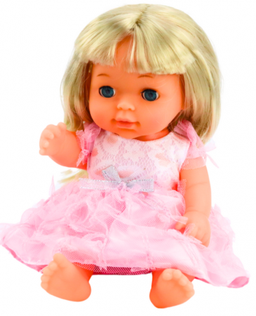 **Păpușă în rochiță roz deschis care face pipi, cu biberon, sunete și zornăitoare** [2]