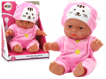 Papusi si accesorii fetite - Păpușică mică, haine roz, căciuliță cu iepuraș.