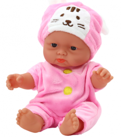 Păpușică mică, haine roz, căciuliță cu iepuraș. [1]