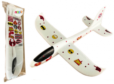 Avioane, Elicoptere, Tancuri - Planor din Polistiren cu Lumini – Alb, cu Abțibilduri – 48 cm