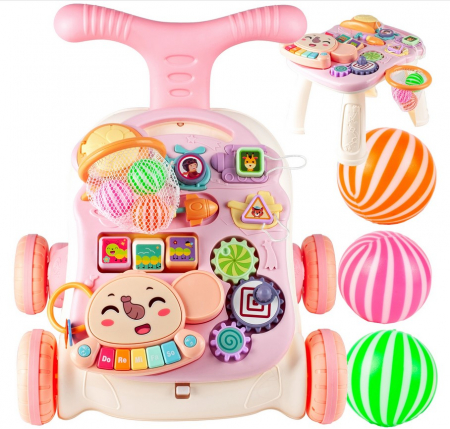 Jucarii educationale - Premergător 5în1 cu împingător, masă cu pian – Roz