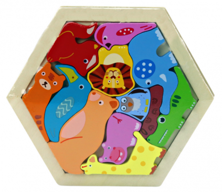 Jucarii educationale - Puzzle din Lemn cu Animale – 12 Piese Colorate