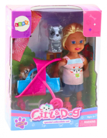 Set Căruț Mini Păpușă cu Câini Gri Maro [1]